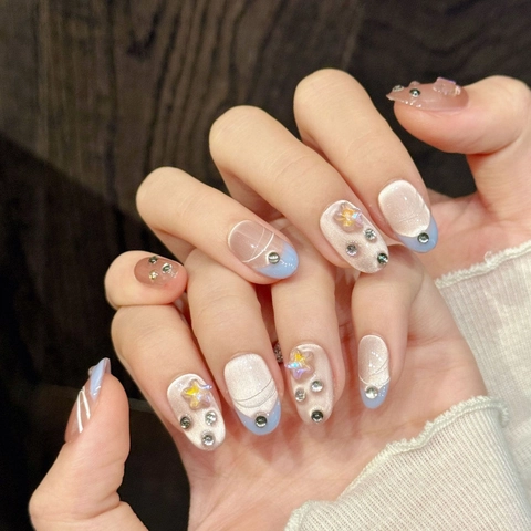 Uñas Postizas Hechas a Mano Degradado Rosa Azul Ojo de Gato Diamante de Estrella Decoración Punta Francesa Ensueño Mujer