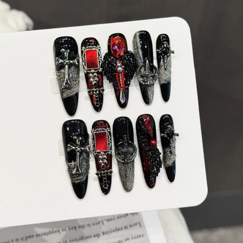 Gothic Dark Red Black Press On Nails 10Pcs Handmade Stiletto Fake Nails With Silver Cross Wings Rhinestone Charms For Women
