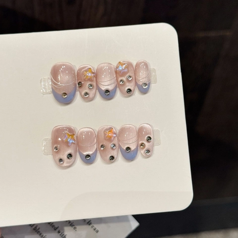 Uñas Postizas Hechas a Mano Degradado Rosa Azul Ojo de Gato Diamante de Estrella Decoración Punta Francesa Ensueño Mujer