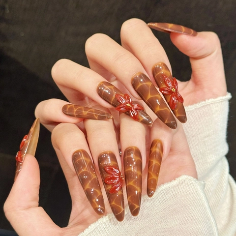 Unghie Finte Artigianali Vintage Ambra Tartarugato con Fiori Rossi 3D Stiletto Lungo per Donna Festa Quotidiana