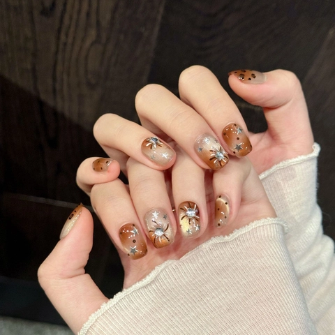 Uñas Postizas a Presión Degradado Ámbar Estampado Leopardo Con Estrellas Strass Ojo de Gato Hecho a Mano Mujeres