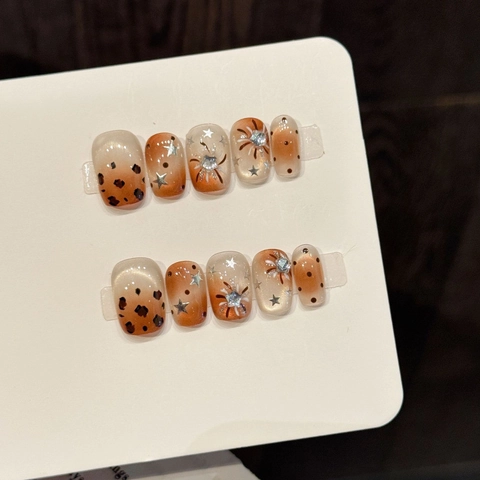 Uñas Postizas a Presión Degradado Ámbar Estampado Leopardo Con Estrellas Strass Ojo de Gato Hecho a Mano Mujeres