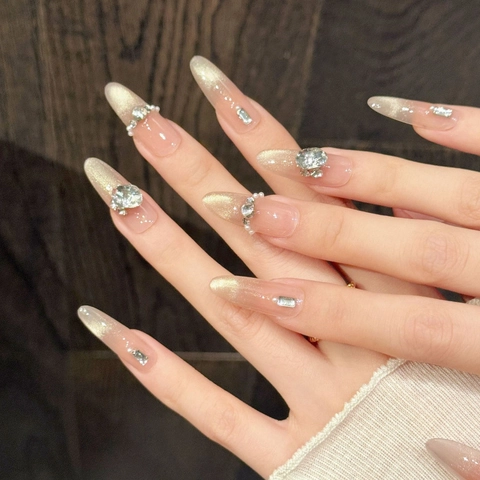Handmade Press On Nails Gold Cat Eye Luxury Rhinestone Artificial Pearl Long Oval False Nails Set For Women Nail Art