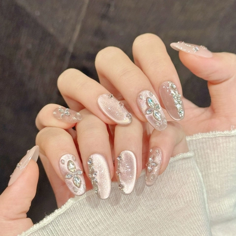 Handgefertigt Pink Nude Farbverlauf Katzenauge Künstliche Fingernägel Mit Strass Schleife Luxus Wiederverwendbare Nägel Set Damen