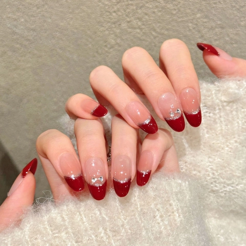 Unghie Finte a Pressione Fatte a Mano Rosso Nudo Glitter Argento Fiocco Stile Francese Ovali Manicure Artificiale Regalo Gioielli