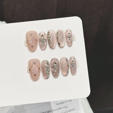 Handgefertigt Pink Nude Farbverlauf Katzenauge Künstliche Fingernägel Mit Strass Schleife Luxus Wiederverwendbare Nägel Set Damen