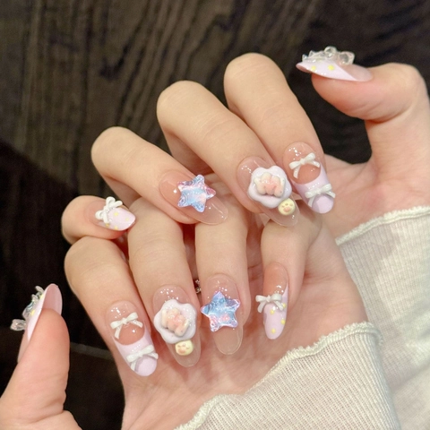 Ongles à Presser Faits Main Dégradé Rose Violet Papillon Étoile 3D Nœud Bijoux d'Ongles Doux pour Femmes