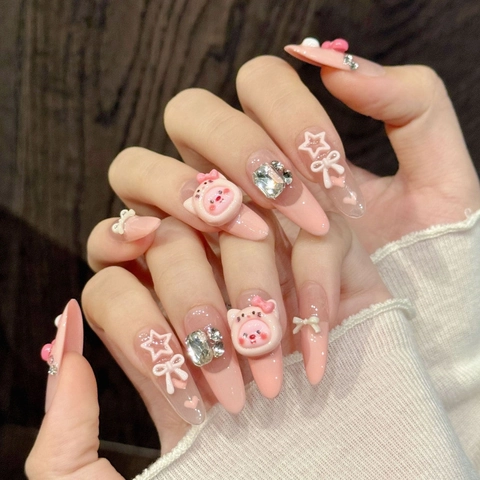 Unghie Finte Fatte a Mano con Sfumatura Rosa Decorazioni 3D Orsetto Fiocco Strass Ovale Lungo per Donna Ragazza