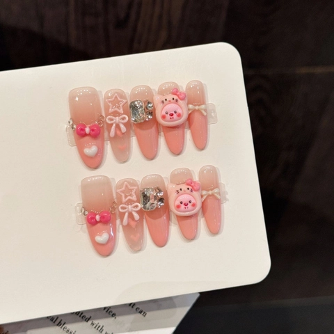 Unghie Finte Fatte a Mano con Sfumatura Rosa Decorazioni 3D Orsetto Fiocco Strass Ovale Lungo per Donna Ragazza