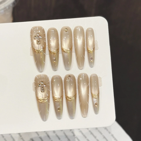 Handmade Stiletto Press On Nails Light Gold Gradient Cat Eye Effect With Rhinestone Cross Decor False Nails For Women
