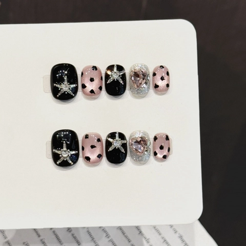Handgefertigte Künstliche Fingernägel Schwarz Rosa Silber Stern Herz Strass Glitzer Sweet Cool Eckig Rund Damen