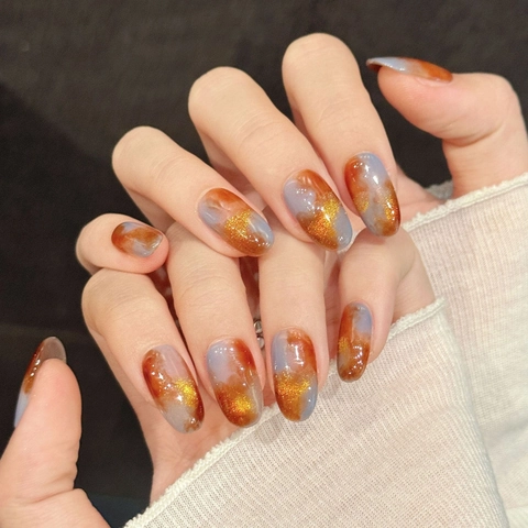 Handgefertigte Bernstein Katzenauge Aufpressnägel Gradient Orange Grau Marmorierung Gold Schimmer Oval Falsche Nägel Set Für Damen