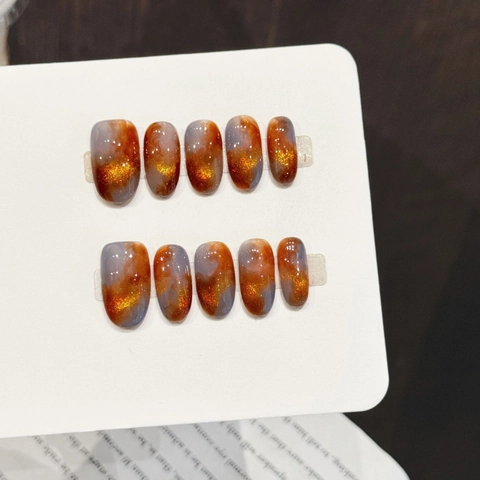 Handgefertigte Bernstein Katzenauge Aufpressnägel Gradient Orange Grau Marmorierung Gold Schimmer Oval Falsche Nägel Set Für Damen