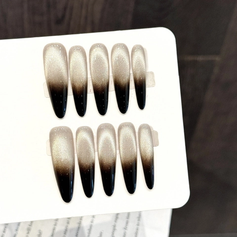 Handgefertigte Cat-Eye-Farbverlauf Nägel Zum Aufdrücken Lange Stiletto Goldbraun Schimmer Künstliche Nägel Mit Werkzeugset