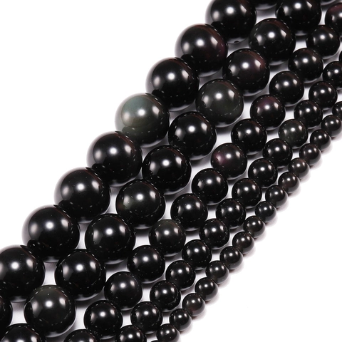 Natural Black Obsidian Round Loose Beads Polished Stone For DIY Jewelry Making Bracelet Necklace Accessories Crafting Material