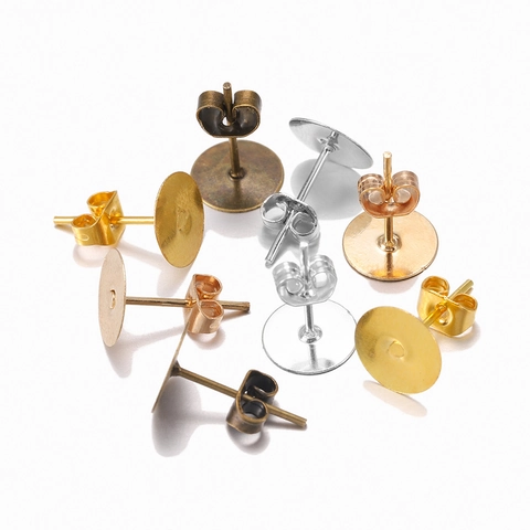 DIY Jewelry Making Findings Metal Stud Earring Posts With Butterfly Backs Set Flat Pad Base For Handmade Earring Crafting