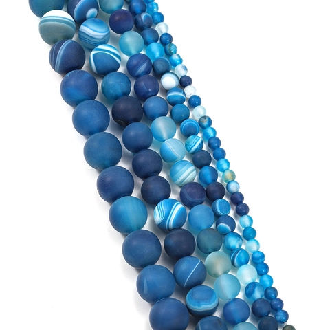 Natural Matte Blue Striped Agate Loose Beads For Jewelry Making Round Frosted Stone Beads DIY Bracelet Necklace Findings