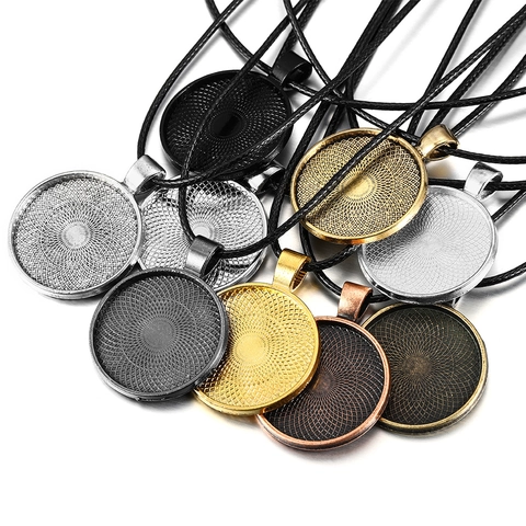 Base de Bandeja de Colgante Redondo de Aleación de Zinc DIY Con Collar de Cordón Encerado Negro Estilo Retro Textura Geométrica Accesorio para Joyería