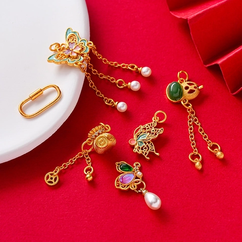 Vintage Chinese Style Alloy Enamel Butterfly Gourd Pendant With Tassel Artificial Pearl For DIY Jewelry Making Hanging Accessories