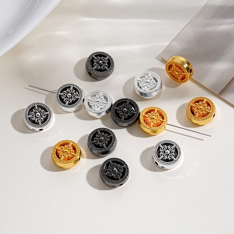 Perles d'Espacement en Alliage Rétro Boussole Motif Relief Roue Solaire Rondes en Métal Pour DIY Bracelet Collier Bijoux