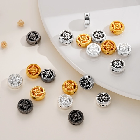 Perles d'Espacement en Alliage Rétro Boussole Motif Relief Roue Solaire Rondes en Métal Pour DIY Bracelet Collier Bijoux