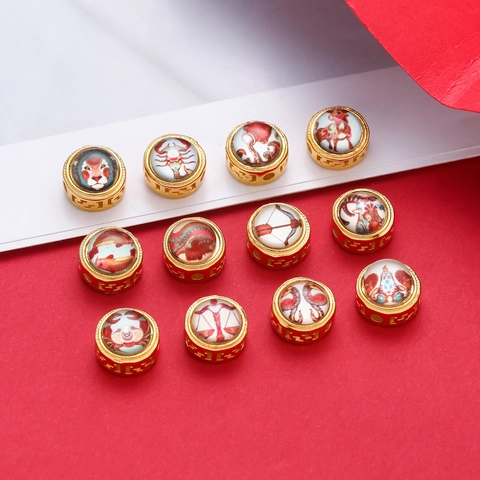 Twelve Constellations Golden Alloy Glass Beads Retro Hollow Pattern DIY Beads For Jewelry Making Necklace Keychain Accessories
