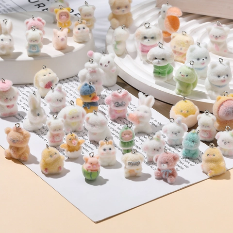 Cute 3D Animal Flocking Pendant DIY Alloy Accessory Soft Textured Keychain Ornament For Bag Phone Decoration Women Gift