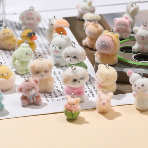 Cute 3D Animal Flocking Pendant DIY Alloy Accessory Soft Textured Keychain Ornament For Bag Phone Decoration Women Gift