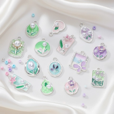 DIY Jewelry Charms Alloy Enamel Imitation Artificial Pearl Butterfly Flower Starfish Designs Colorful Macaron Pendants For Jewelry Making