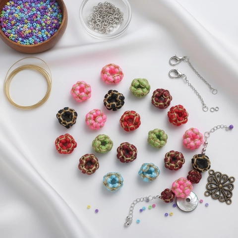 Handmade Woven Colorful Nylon Spacer Beads With Gold Thread Hollow Round Coil Beads For DIY Ethnic Style Jewelry Making