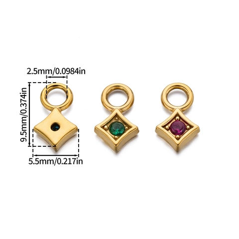 304 Stainless Steel Rhombus Zirconia Pendant Only Colorful Gem Jewelry Findings For DIY Necklace Bracelet Making Women