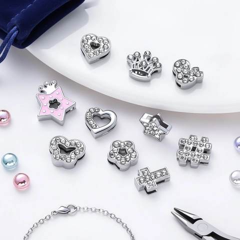 DIY Alloy Rhinestone Slide Charms For Watch Bands Bracelets Heart Crown Star Symbol Slider Beads Jewelry Making Findings