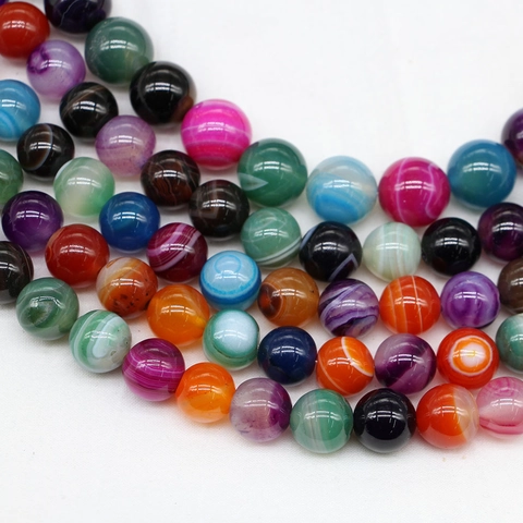 Natural Colorful Striped Agate Loose Beads Round Banded Stone Beads For Jewelry Making DIY Bracelet Necklace Accessory