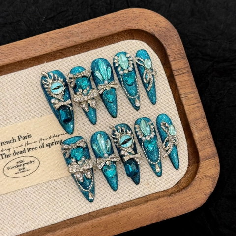 Uñas Postizas a Presión Hechas a Mano Azul Ojo de Gato Lujo Ojo Malvado Stiletto Con Decoración de Strass y Lazo Mujer