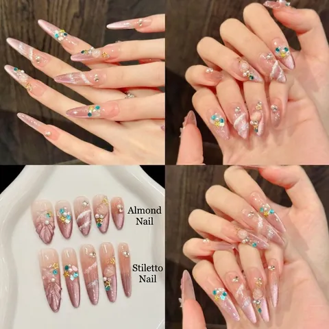 Uñas Postizas de Ojo de Gato Rosa Púrpura de Ensueño Con Concha 3D Perla Artificial Estrella Hechas a Mano para Mujeres