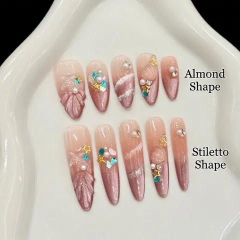Uñas Postizas de Ojo de Gato Rosa Púrpura de Ensueño Con Concha 3D Perla Artificial Estrella Hechas a Mano para Mujeres