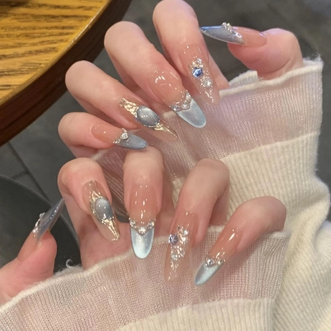 Handmade Press On Nails Starry Blue Cat Eye Gradient Long Oval False Nails With Rhinestone Baroque Style For Women Nail Art