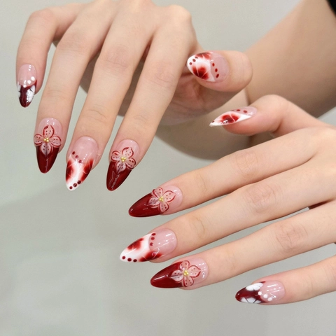Uñas Postizas Artesanales Flores 3D Borgoña Blanco Degradado Forma Almendra Lujo Con Perlas Doradas Puntas de Uñas Artificiales Mujer