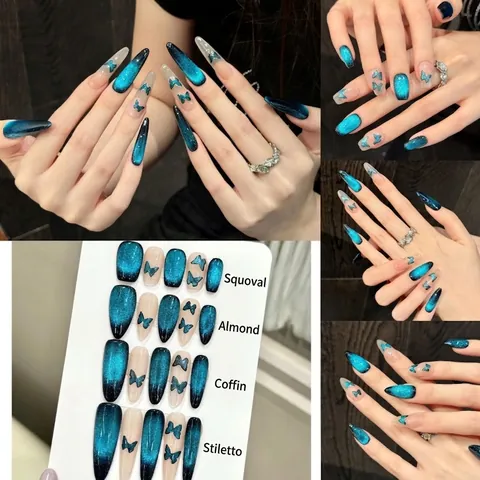Unghie Finte a Pressione Farfalla Blu Occhio di Gatto Sfumatura Blu Scuro Scintillio Fantasioso Unghie per Donna Decorazione Manicure