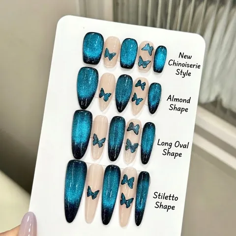 Unghie Finte a Pressione Farfalla Blu Occhio di Gatto Sfumatura Blu Scuro Scintillio Fantasioso Unghie per Donna Decorazione Manicure