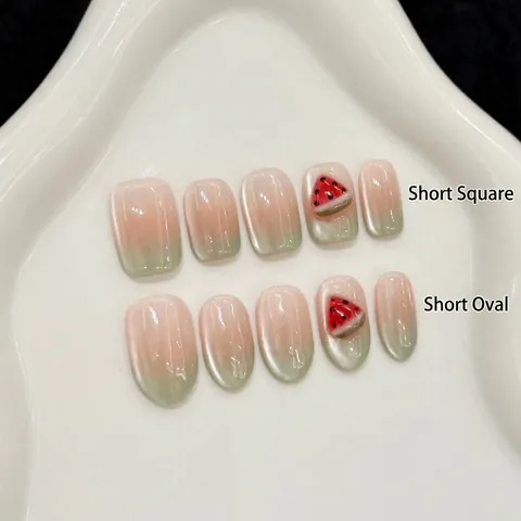 3D Wassermelone Katzenauge Nägel zum Aufdrücken Sommer Farbverlauf Hellgrün Rosa Kurz Quadratisch Oval Handgefertigte Künstliche Nägel