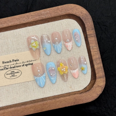 Oceaan Thema 3D Snijwerk Franse Press On Nagels Schelptextuur Kunstparel Zeester Lange Amandelvorm Kunstnagels Voor Vrouwen