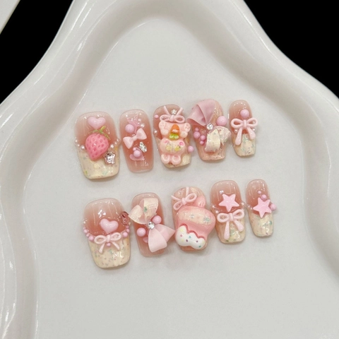 Carine Unghie a Pressione 3D con Fiocco e Stella Con Perla Artificiale Rosa Dolce Unghie Finte Artigianali Cartoon per Donna Ragazza Gioielli