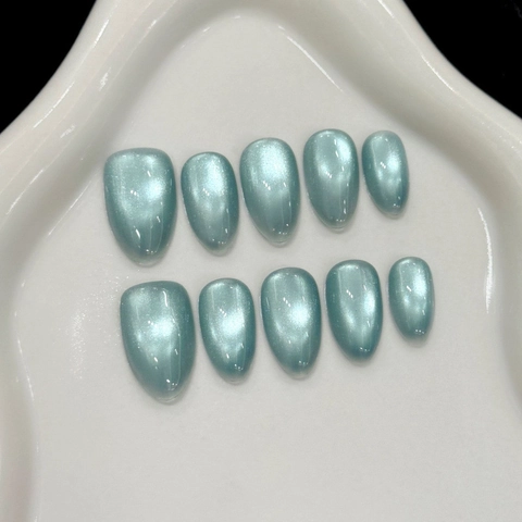 Unghie Finte Occhio di Gatto Verde Menta Fatte a Mano Forma Mandorla Corta Unghie Magnetiche Lucide per Donna Manicure