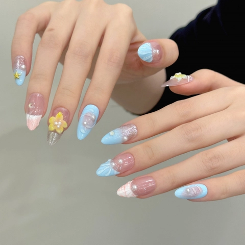 Oceaan Thema 3D Snijwerk Franse Press On Nagels Schelptextuur Kunstparel Zeester Lange Amandelvorm Kunstnagels Voor Vrouwen
