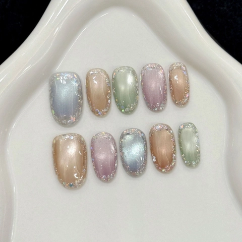 Handgemaakte Kattenoog Kunstnagels Luxe Glitter Strass Middelgroot Ovaal Inclusief Jelly Lijm Voor Dames Manicure