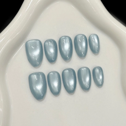 Unghie Finte Occhio di Gatto Fatte a Mano Grigio Blu Forma a Mandorla Magnetiche Set di Unghie da Incollare per Donna