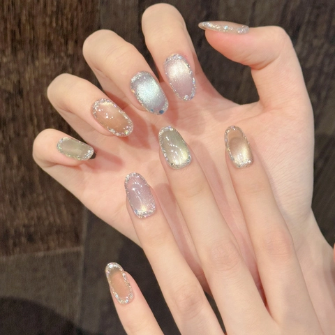 Handgemaakte Kattenoog Kunstnagels Luxe Glitter Strass Middelgroot Ovaal Inclusief Jelly Lijm Voor Dames Manicure