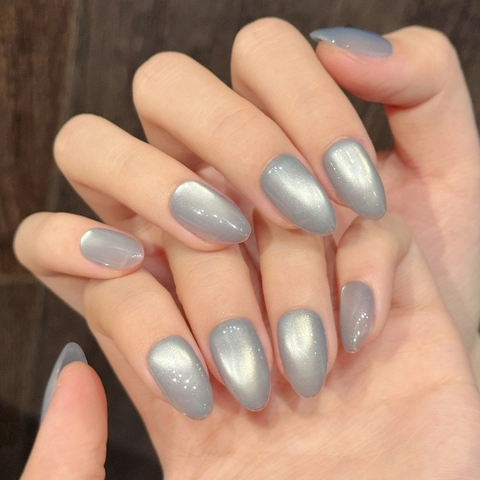 Unghie Finte Occhio di Gatto Fatte a Mano Grigio Blu Forma a Mandorla Magnetiche Set di Unghie da Incollare per Donna