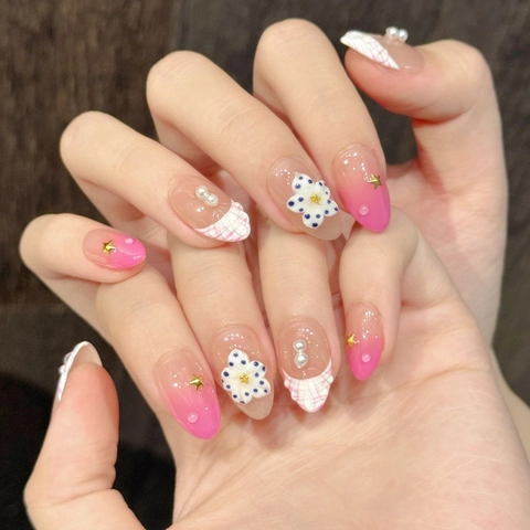 Handgefertigte Rosa Lila Verlauf Französisch Muschelmuster Aufdrucknägel Mit 3D Blumen Sternen Künstliche Perlen Mandel Kunstnägel